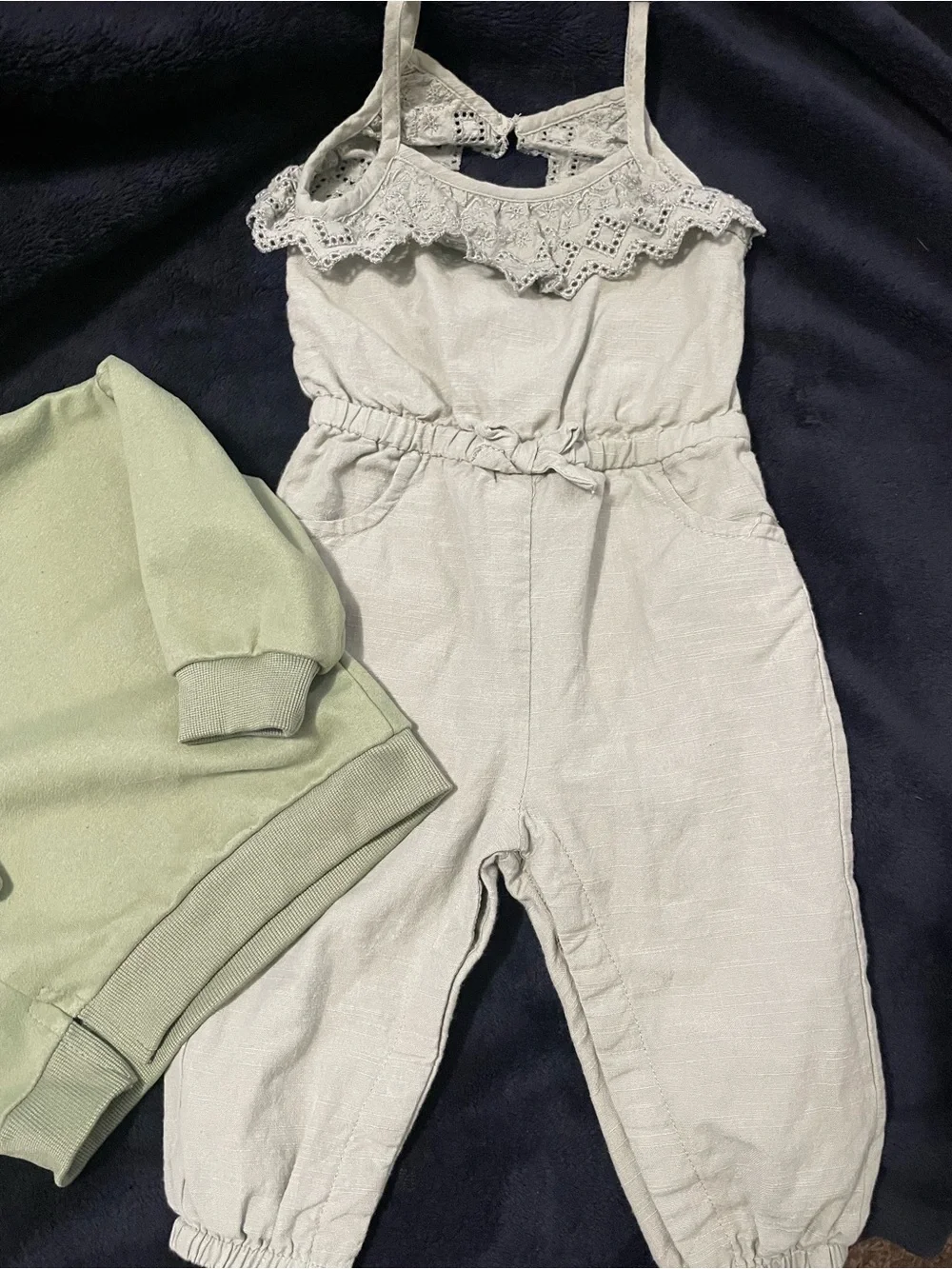 Rachel Zoe Light Sage Lace Romper. Matched with Sage green bow sweater